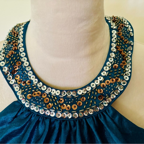 NWT Morgan & Co. US 5/6 Sheath Halter Sequin Metallic Teal Beaded Mini Dress - Picture 2 of 13